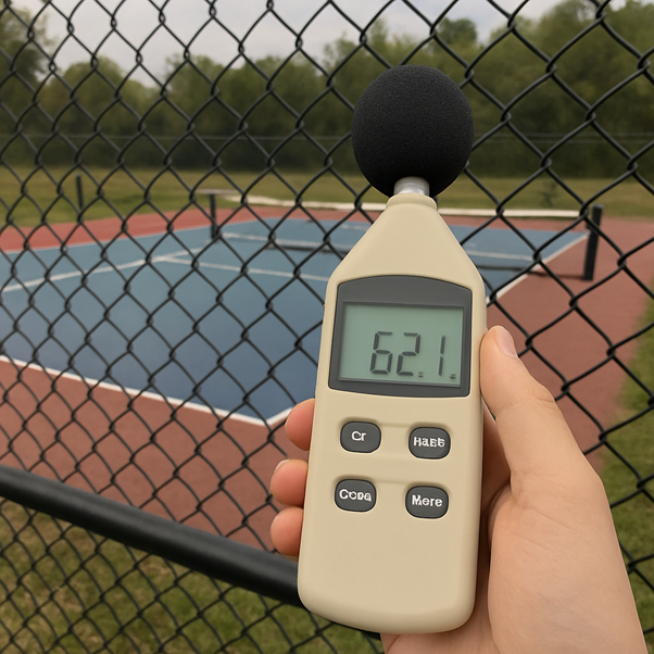 Sound level meter measuring pickleball court noise at 62 decibels near a chain-link fence
