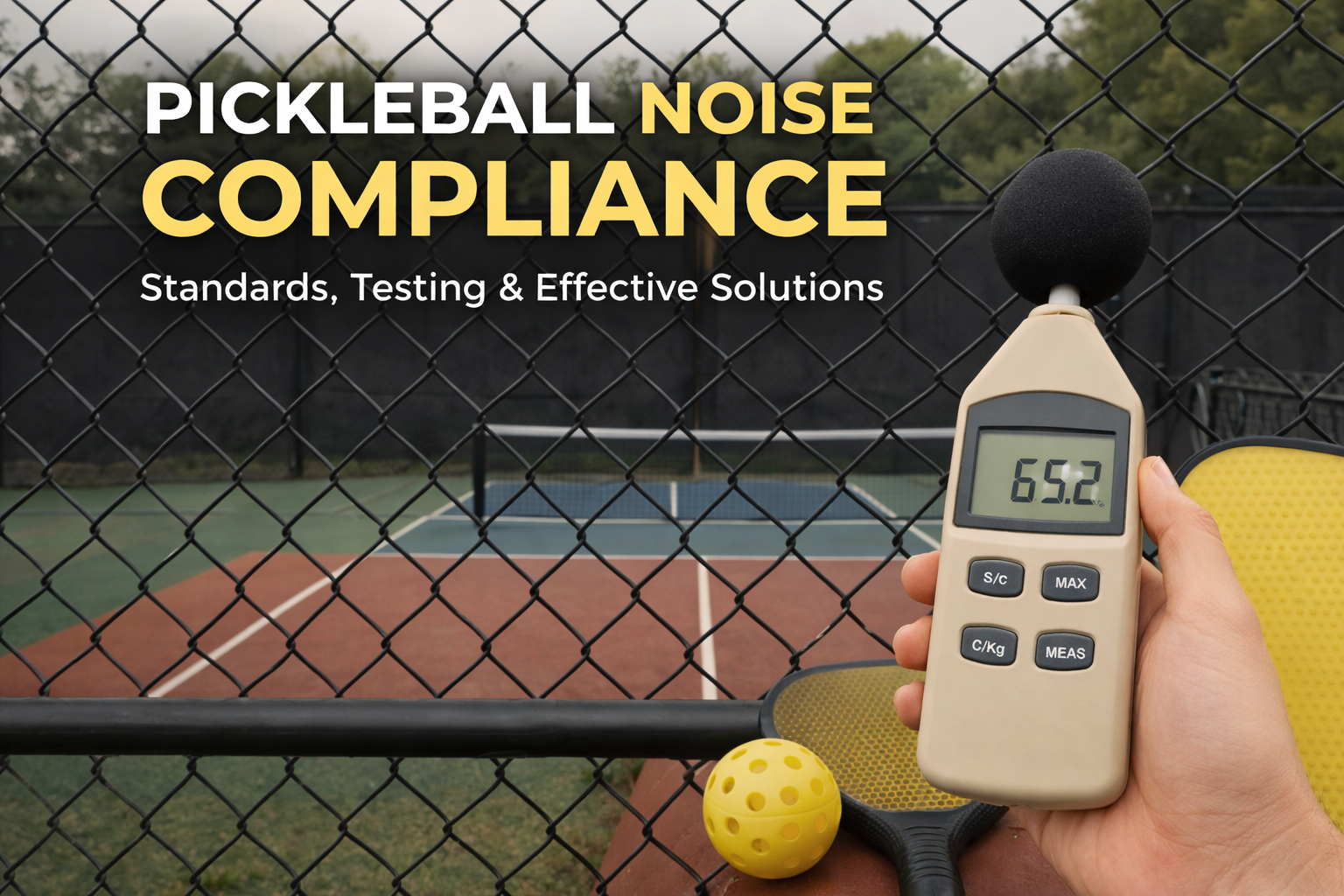 Pickleball noise compliance testing with a decibel meter measuring court sound levels