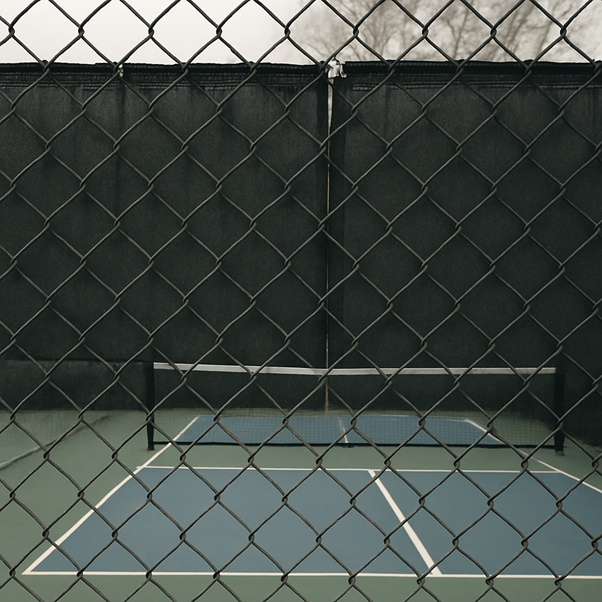 Chain-link fence on a pickleball court that blocks the view but allows noise to pass through