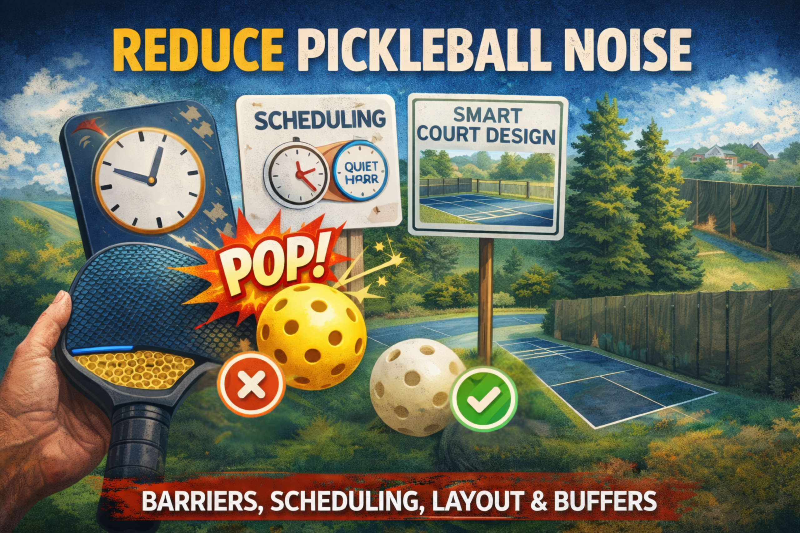 Illustration showing ways to reduce pickleball noise, including paddle impact, quiet equipment choices, scheduling, and acoustic barriers