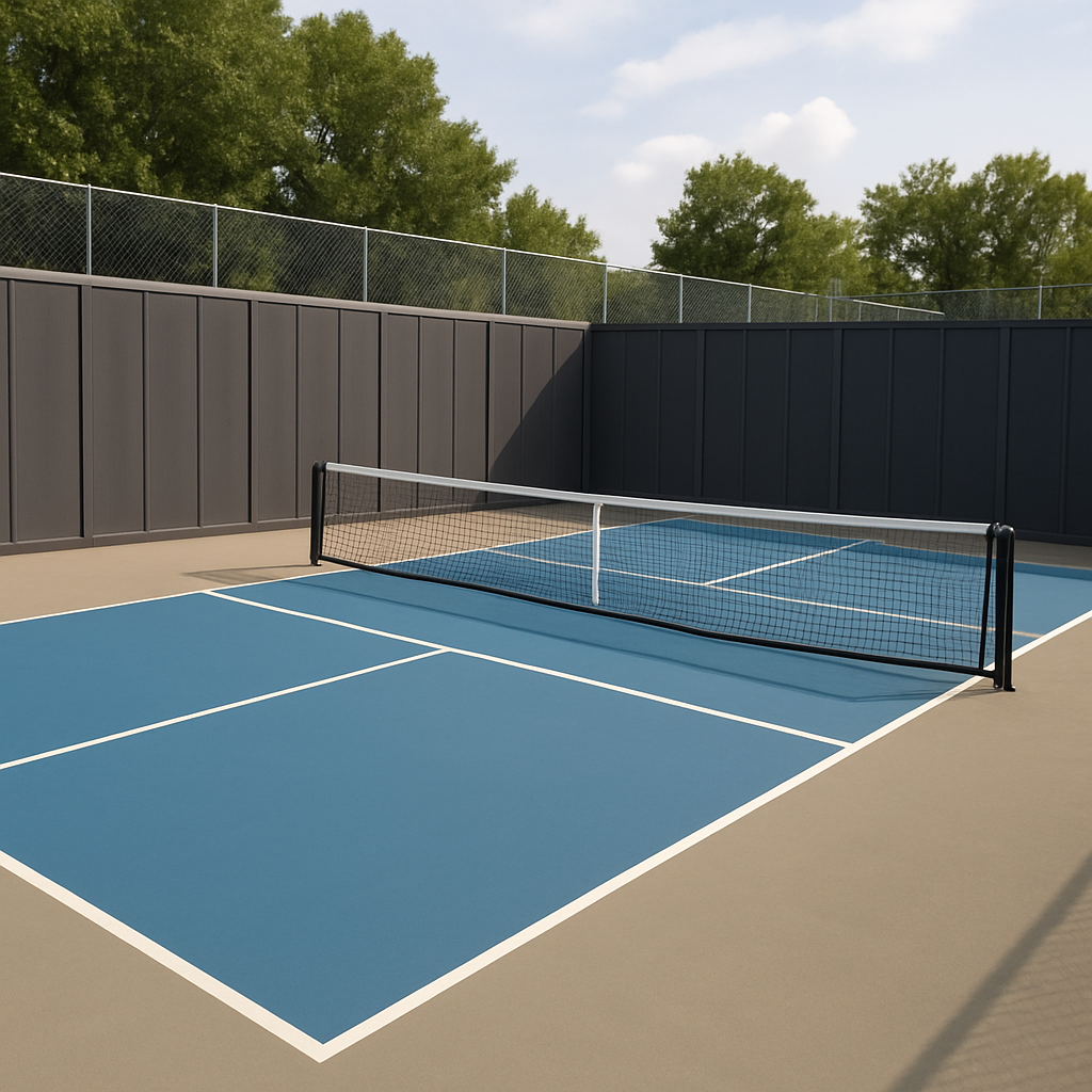 Pickleball court with tall solid acoustic barrier fence installed for pickleball noise mitigation near residential homes