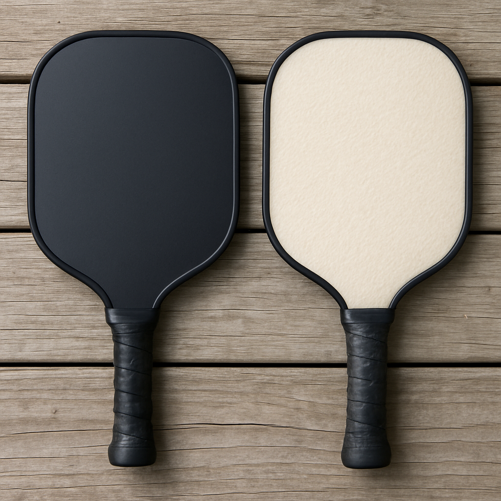 Side-by-side comparison of a standard pickleball paddle and a polymer-core quiet paddle on a wooden surface