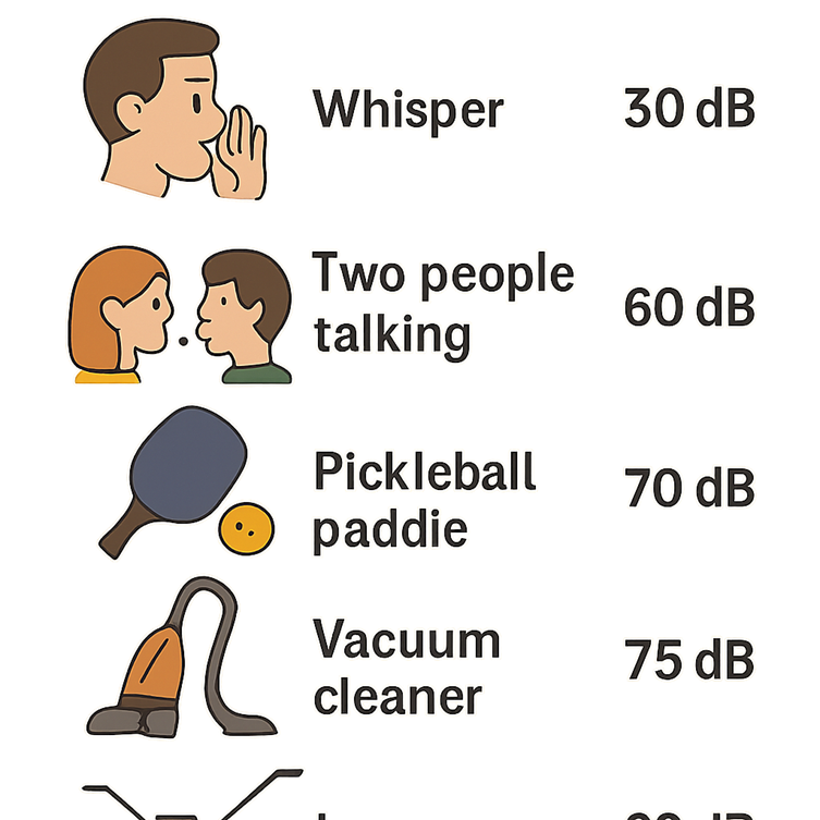 Infographic comparing pickleball sound levels to common noises and explaining why pickleball noise travels
