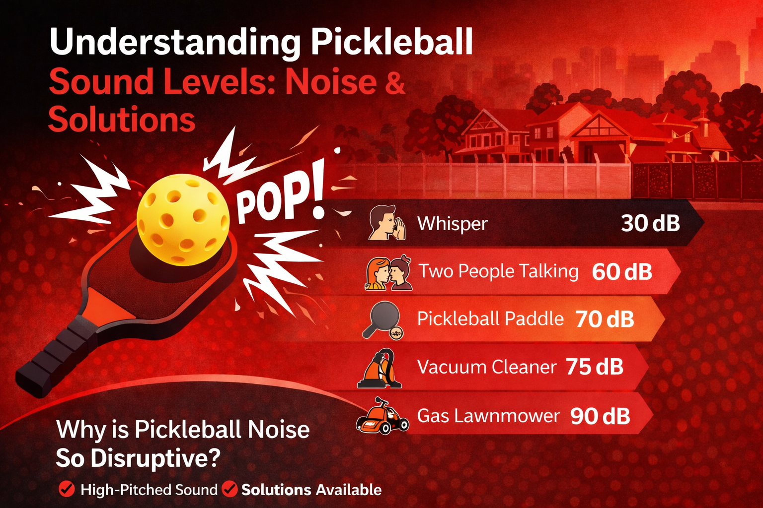 Infographic showing pickleball sound levels compared to common noises and explaining why pickleball noise travels